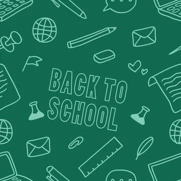 Seamless pattern of doodle chalk style school supplies on a green backgroun.. Stock Illustration