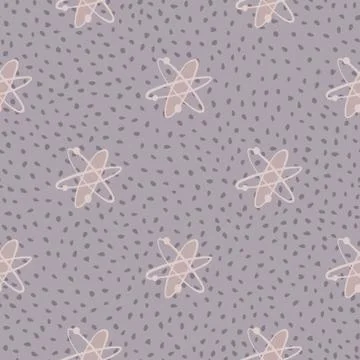 Seamless pattern with doodle chemistry atom silouettes. Pastel purple dotted  Illustrazione stock