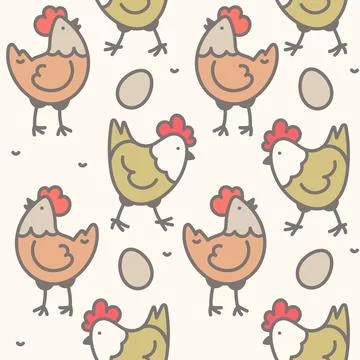 Seamless pattern with doodle chickens and eggs Stock Illustration