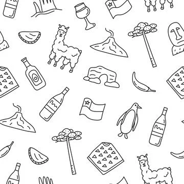Seamless pattern with doodle Chilean icons. Stock Illustration