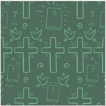 Seamless pattern doodle Christian art green bibles, crosses in line and doves Stock Illustration