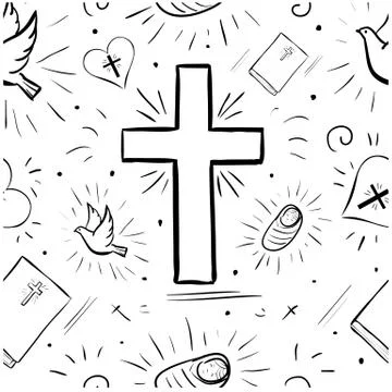 Seamless pattern doodle Christian art - bible, cross, child, heart, dove Stock Illustration