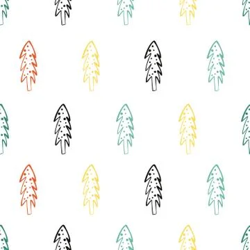 Seamless pattern with doodle Christmas trees. Winter background Stock Illustration