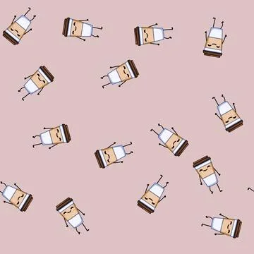 Seamless pattern doodle coffee cup character cartoon vector Illustrazione stock