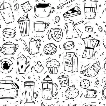 Seamless pattern with doodle coffee items as coffee makers, cups, bakery, m.. Stock Illustration