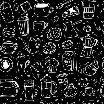Seamless pattern with doodle coffee items as coffee makers, cups, bakery, mil Stock Illustration