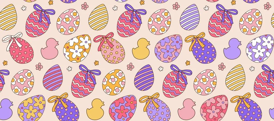 Seamless pattern with doodle colorful painted Easter eggs. Vector doodle Stock Illustration