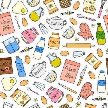 Seamless pattern with doodle cooking ingredients. Stock-Illustration
