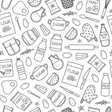 Seamless pattern with doodle cooking ingredients. Stock Illustration