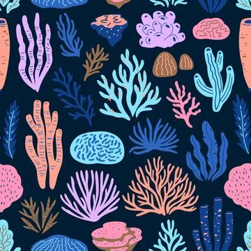 Seamless pattern with doodle corals and seaweeds. Hand-drawn cute cartoon v.. Stock Illustration