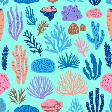 Seamless pattern with doodle corals and seaweeds. Hand-drawn cute cartoon v.. Stock Illustration