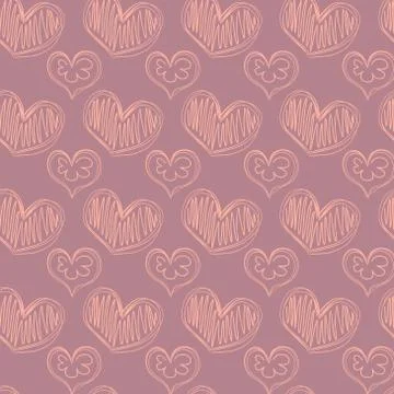 A seamless pattern of doodle cream hearts on a soft pink  backdrop.  Stock Illustration