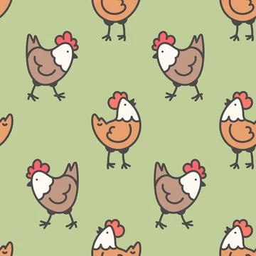 Seamless pattern with doodle cute chickens Stock Illustration