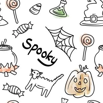 Seamless Pattern Doodle Cute Halloween Elements Line Color with Text Spooky.. Illustrazione stock