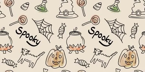 Seamless Pattern Doodle Cute Halloween Elements Line Color with Text Spooky.. Illustrazione stock