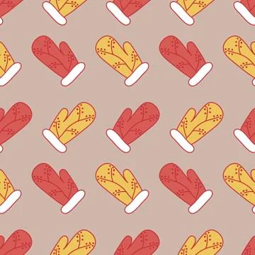 Seamless pattern with Doodle cute mittens with embroidery . Hand drawn vector Stock Illustration