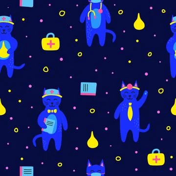 Seamless pattern doodle doctor cats characters. Stock Illustration