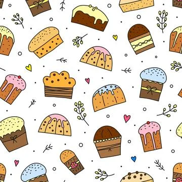 Seamless pattern with doodle Easter kulich cakes. Illustrazione stock