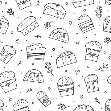Seamless pattern with doodle Easter kulich cakes. Stock Illustration