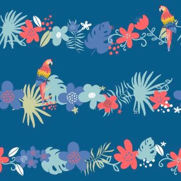 Seamless pattern with doodle Exotic tropical jungle rainforest frame. green palm Stock Illustration