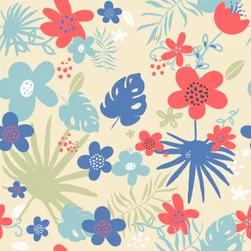 Seamless pattern with doodle Exotic tropical jungle rainforest frame. green palm Stock Illustration