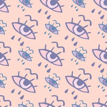 Seamless pattern with doodle eyes print. Pastel palette in yellow and blue co Illustrazione stock