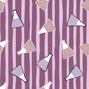 Seamless pattern with doodle flask silhouettes and liquids. 스톡 일러스트