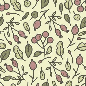 Seamless pattern doodle floral elements. Autumn set. Herbs, berries and leaves. Stock Illustration