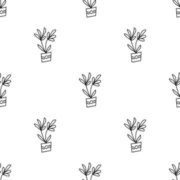 Seamless pattern with doodle flowerpots. Isolated on white background. Vector Stock Illustration