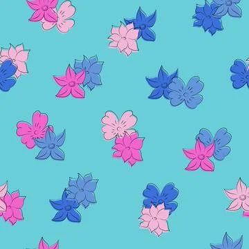 Seamless pattern of doodle flowers on a blue background. Scattered pink and blue Stock Illustration