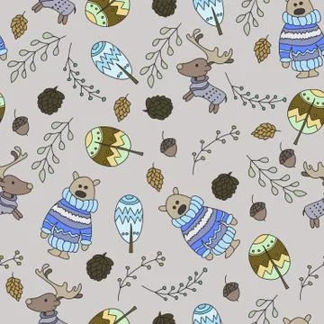 Seamless pattern with a doodle forest イラスト素材