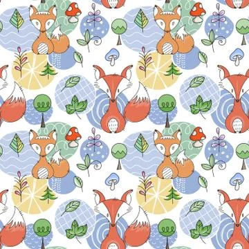 Seamless pattern with doodle foxes and woods. Wild background with cute scand Stock Illustration