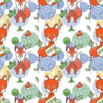 Seamless pattern with doodle foxes and woods. Wild background with cute scand Stock Illustration