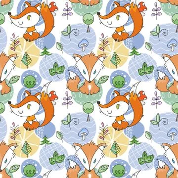 Seamless pattern with doodle foxes and woods. Wild background with cute scand Stock Illustration