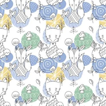 Seamless pattern with doodle foxes and woods. Wild background with cute scand Stock Illustration