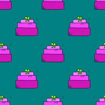 Seamless pattern with doodle gift box on red background Stock Illustration