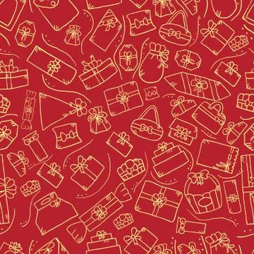 Seamless pattern with doodle gift box on red background イラスト素材