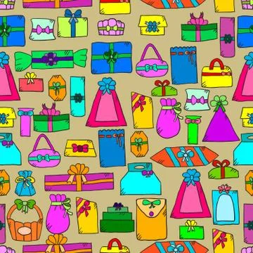 Seamless pattern with doodle gift box on light background Stock Illustration