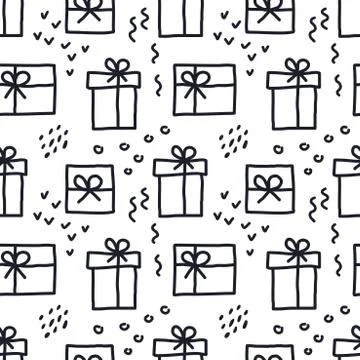 Seamless pattern of doodle Gift boxes with ribbon . Hand drawn Vector linear  イラスト素材