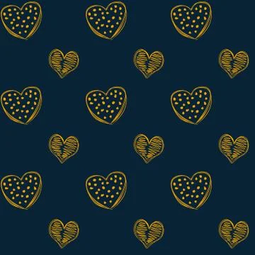 Seamless pattern of doodle golden hearts on a navy blue background.  Stock Illustration