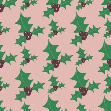 Seamless pattern with doodle green mistletoe christmas silhouettes. Pink back Stock Illustration