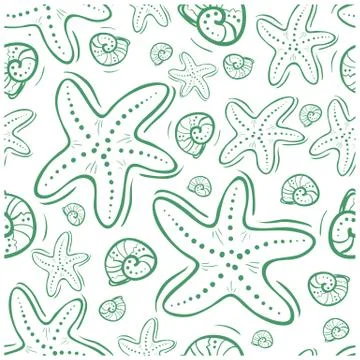 Seamless pattern doodle green starfishes and shells Illustrazione stock