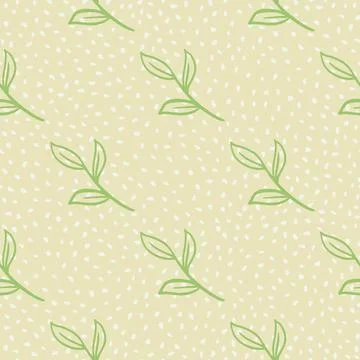 Seamless pattern with doodle hand drawn green outline leaves branches ornamen Stock Illustration