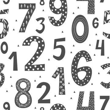 Seamless pattern with doodle hand drawn numbers in Scandinavian Style. Vector Illustrazione stock