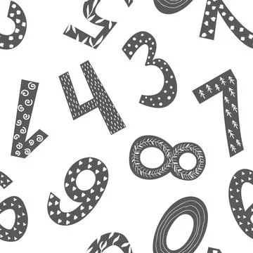 Seamless pattern with doodle hand drawn numbers in Scandinavian Style. Vector Illustrazione stock