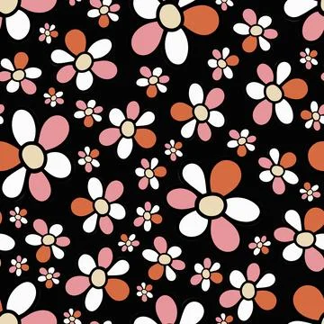 Seamless Pattern with Doodle Hand Drawn Daisy Flower on Black Background. Illustrazione stock