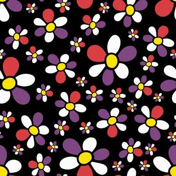 Seamless Pattern with Doodle Hand Drawn Daisy Flower on Black Background. Illustrazione stock