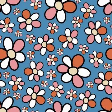 Seamless Pattern with Doodle Hand Drawn Daisy Flower on Blue Background. Stock Illustration