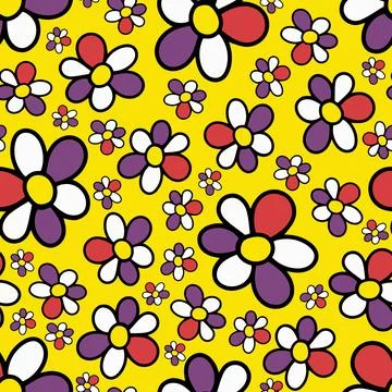 Seamless Pattern with Doodle Hand Drawn Daisy Flower on Yellow Background. Stock Illustration