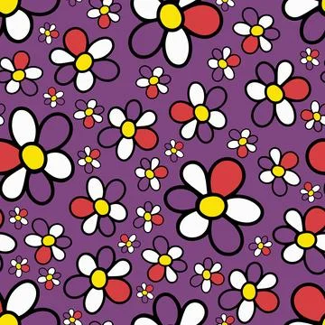 Seamless Pattern with Doodle Hand Drawn Daisy Flower on Violet Background. Stock Illustration